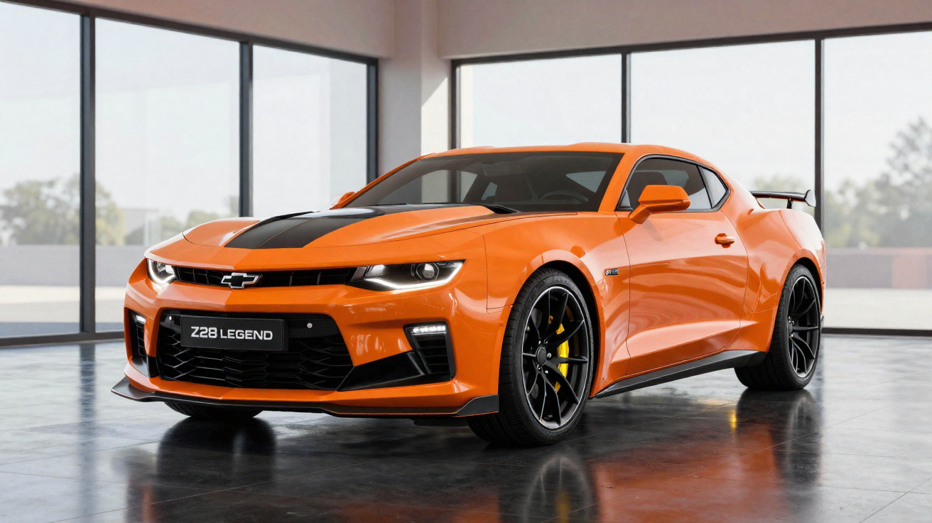 Carro desportivo Chevrolet Camaro Z28 Legend laranja com faixa preta, estacionado em piso interior brilhante.