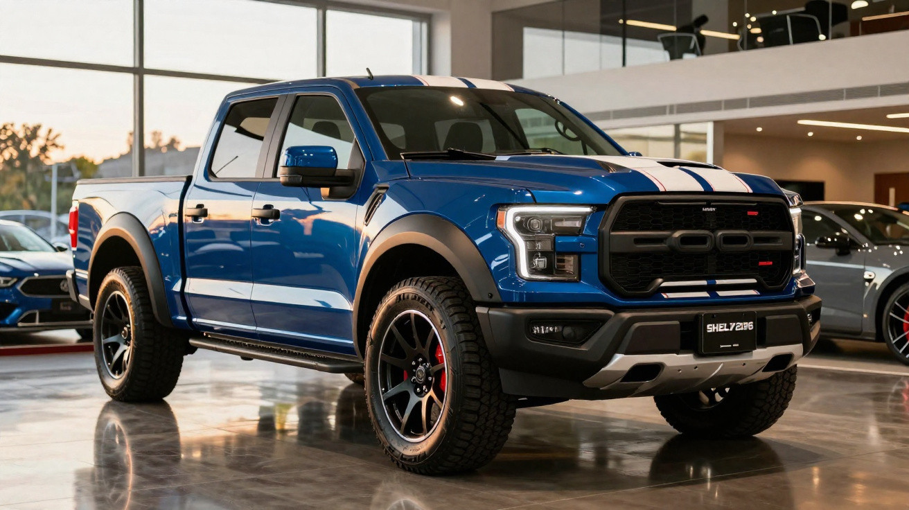 Picape azul Shelby 276 com faixas brancas em exposição numa loja moderna com chão de cimento.