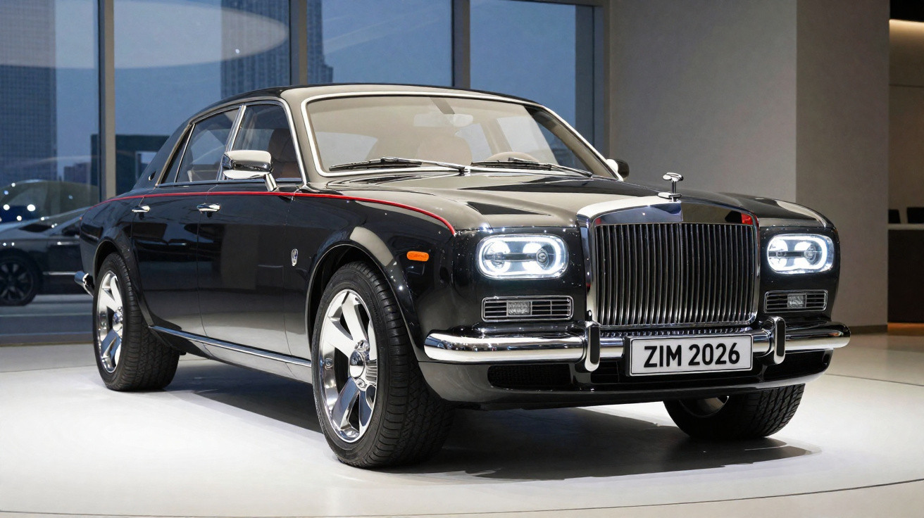 Carro de luxo preto clássico Rolls-Royce exibido em interior moderno com faróis ligados.