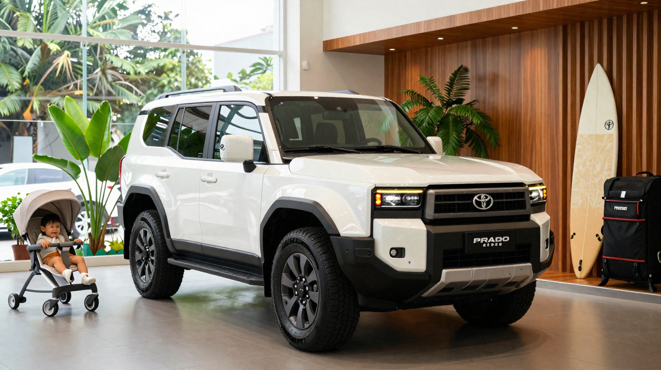 Carro SUV Toyota Prado branco em showroom decorado com pranchas de surf e plantas, com criança num carrinho ao lado.
