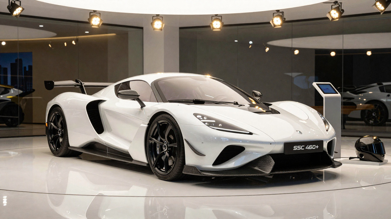 Carro desportivo branco SSC 460+ exposto numa galeria com chão branco e iluminação intensa.