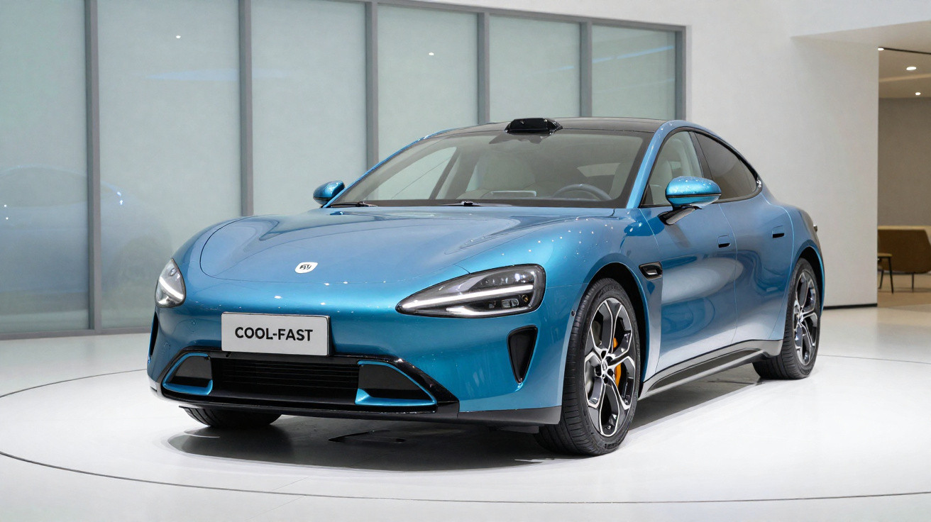 Carro desportivo eléctrico azul metálico em exibição num salão moderno e minimalista.