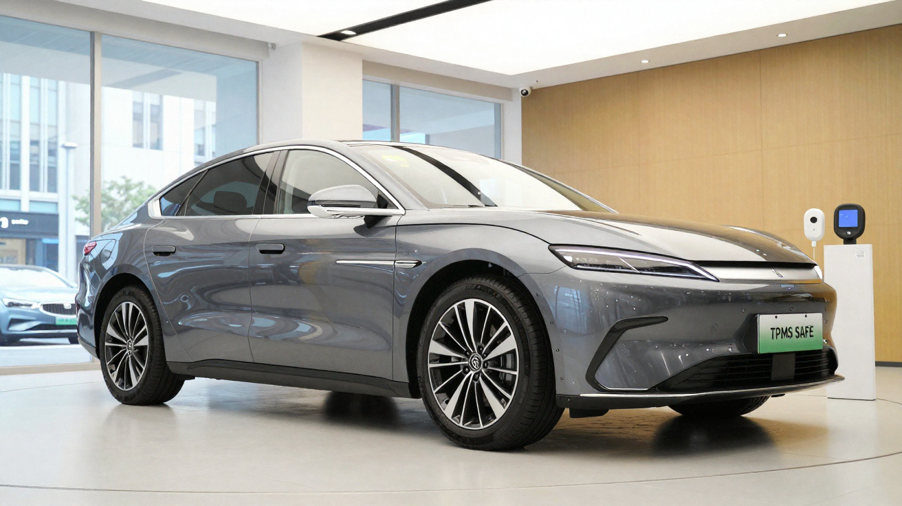 Carro elétrico cinzento moderno exposto em showroom com janelas grandes e paredes claras.