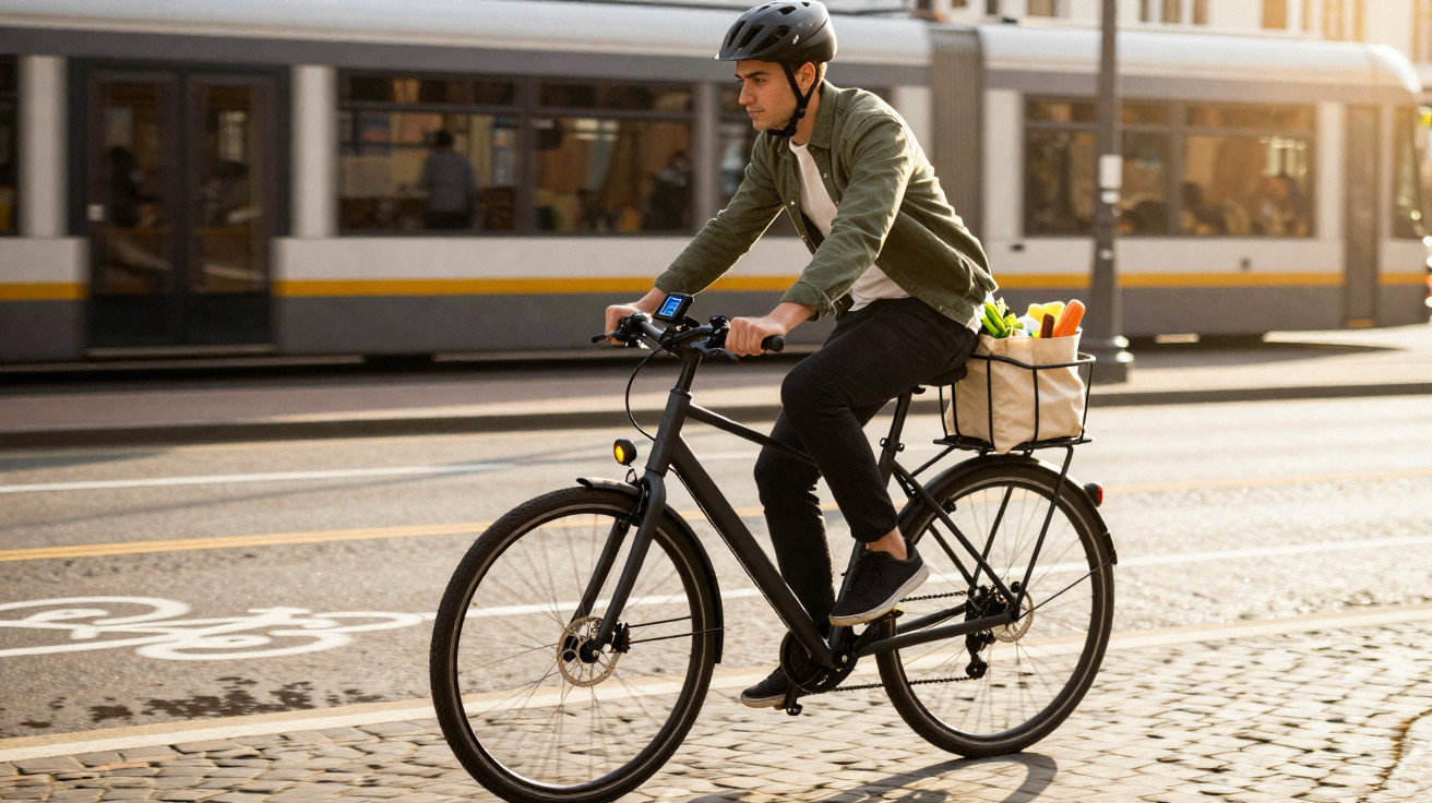 Homem de capacete a andar de bicicleta numa zona urbana com sacola de compras e elétrico ao fundo.