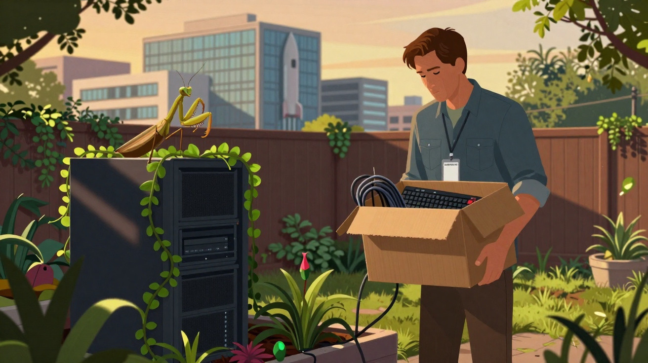 Homem com caixa de equipamentos de informática num jardim, com louva-a-deus numa torre de servidores.