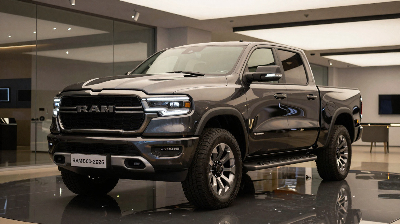 Picape RAM 500-2026 cinza estacionada em showroom moderno com piso brilhante e paredes de vidro.