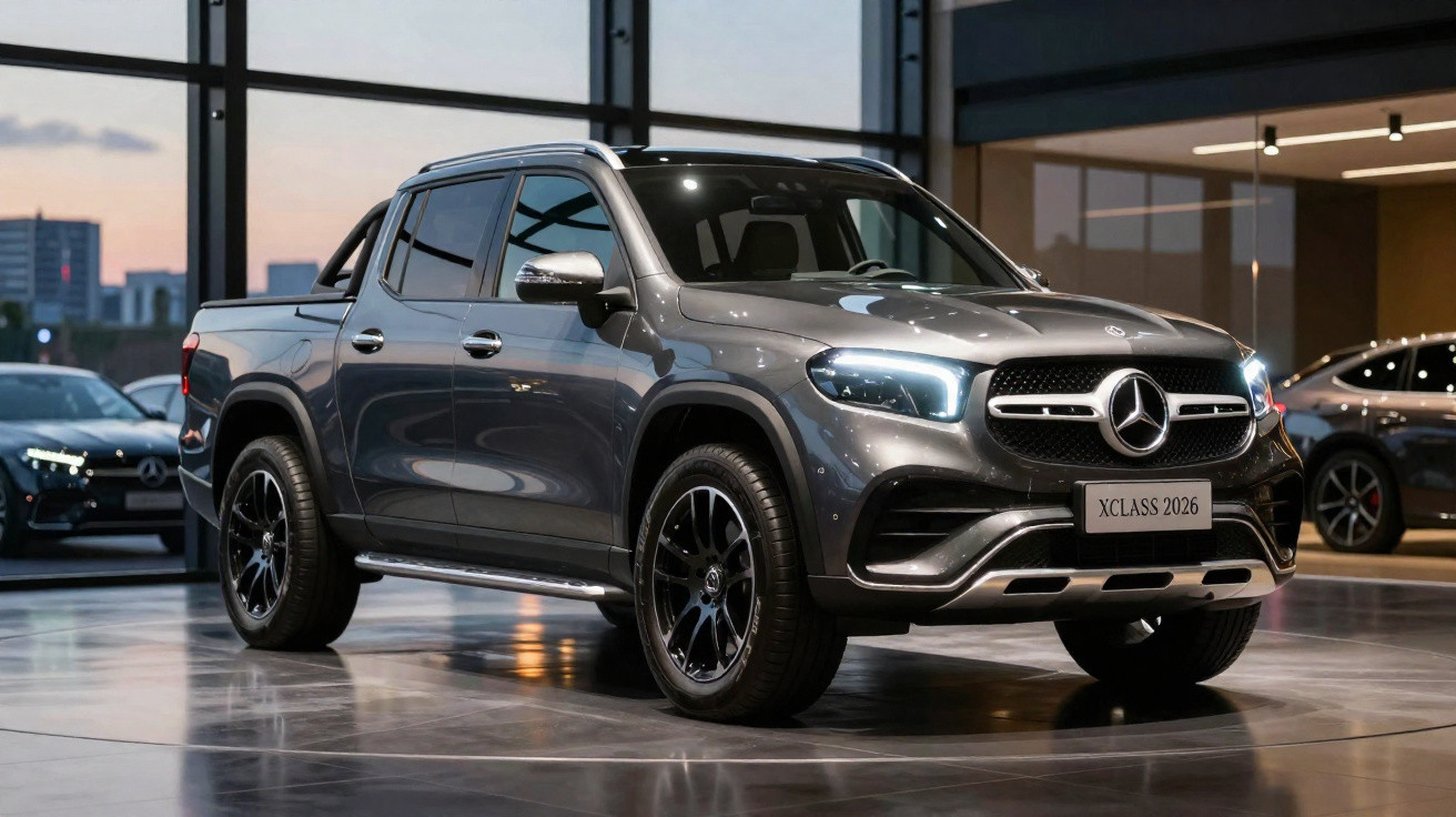 Picape Mercedes-Benz X-Class 2026 cinza num showroom moderno com luzes acesas.