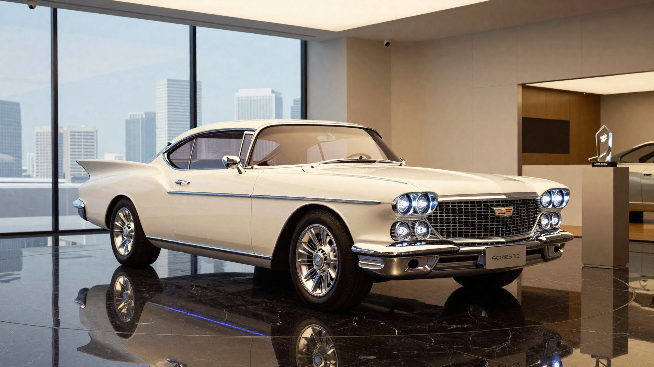 Carro clássico branco estacionado em ambiente moderno com chão de mármore e janelas grandes.