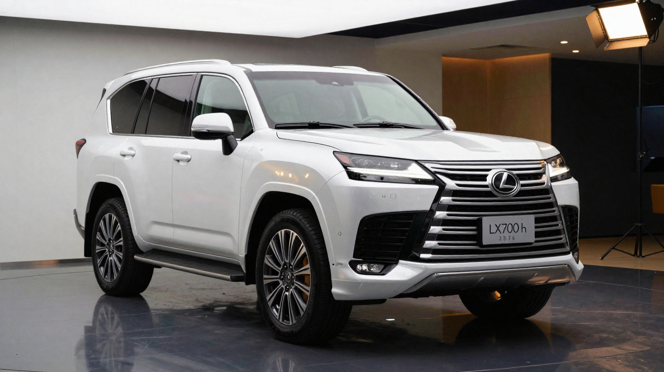 SUV branco Lexus LX 700h estacionado em estúdio com iluminação profissional.