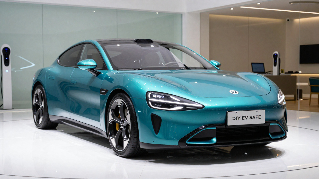 Carro elétrico desportivo azul metálico exposto em salão moderno com carregadores elétricos ao fundo.