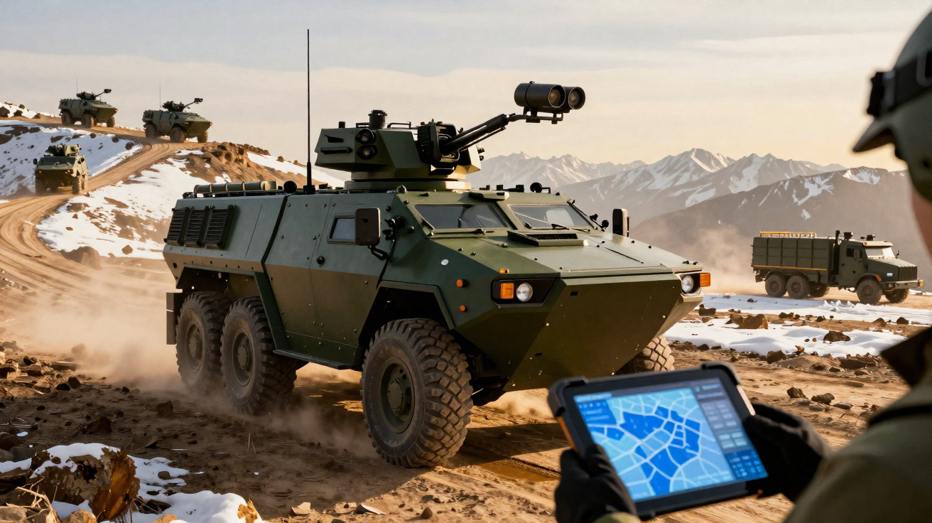 Veículo militar blindado em terreno montanhoso com neve, com soldado a operar tablet de navegação.