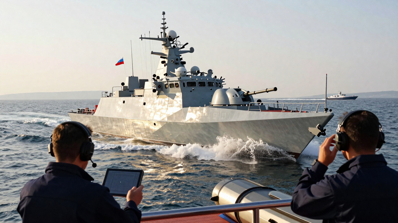 Fragata militar russa a navegar no mar com duas pessoas de fones de ouvido a observar em primeiro plano.