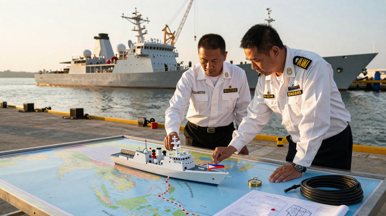 Dois oficiais navais chineses estudam um modelo de navio e um mapa numa doca com navios ao fundo.