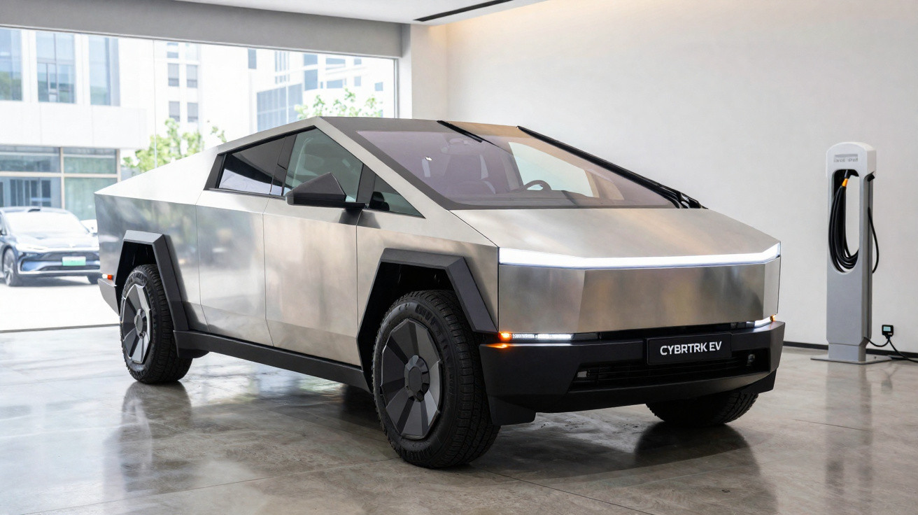 Picape elétrica Tesla Cybertruck prateada estacionada em garagem com estação de carregamento.