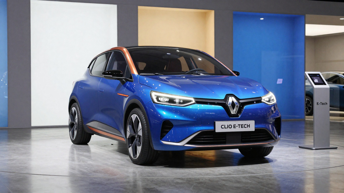 Renault Clio E-Tech azul com detalhes laranja exposto em sala de mostra moderna.