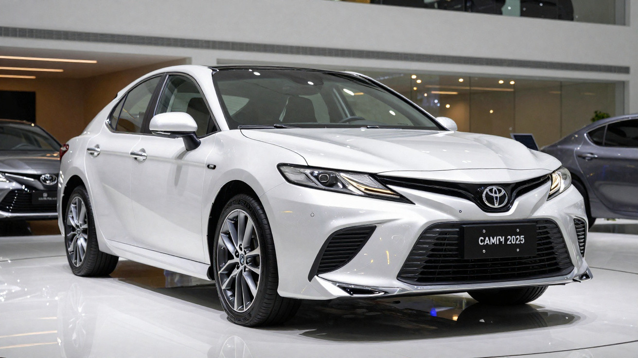 Carro Toyota Camry branco 2025 exposto em showroom moderno com piso branco brilhante.
