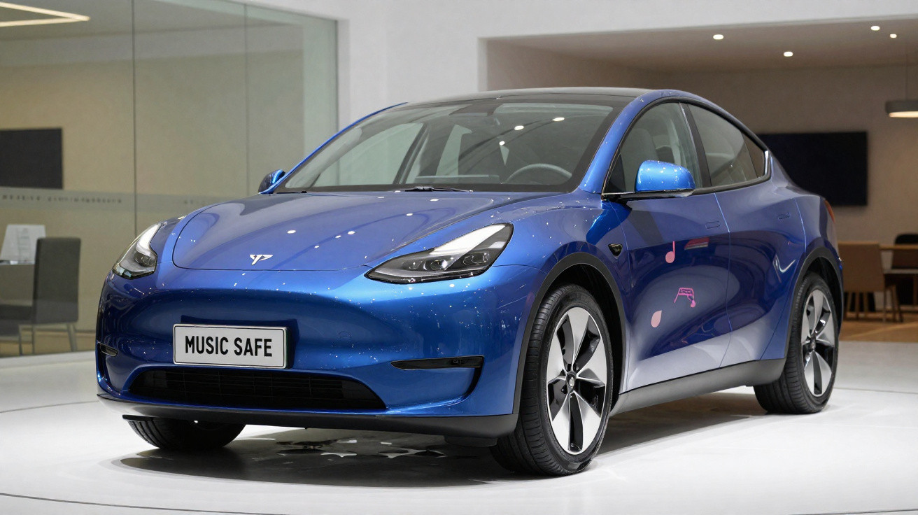 Carro elétrico desportivo azul exibido em showroom com matrícula personalizada "MUSIC SAFE".