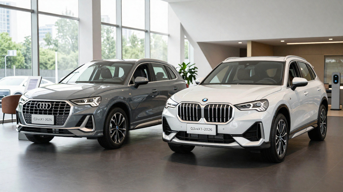 Dois carros SUV, um cinzento Audi e outro branco BMW, expostos numa garagem moderna com paredes brancas e janelas grandes.