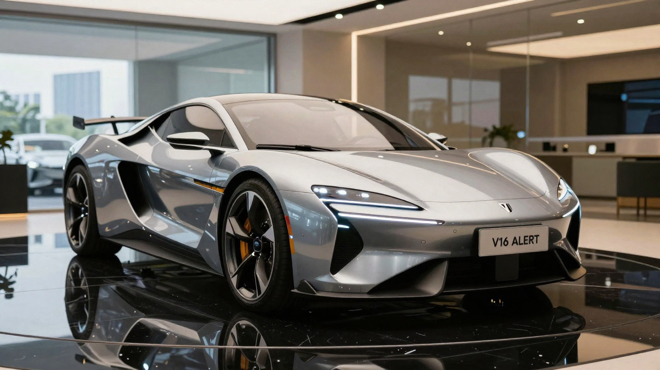 Carro desportivo cinza prateado com design aerodinâmico exposto em salão moderno.