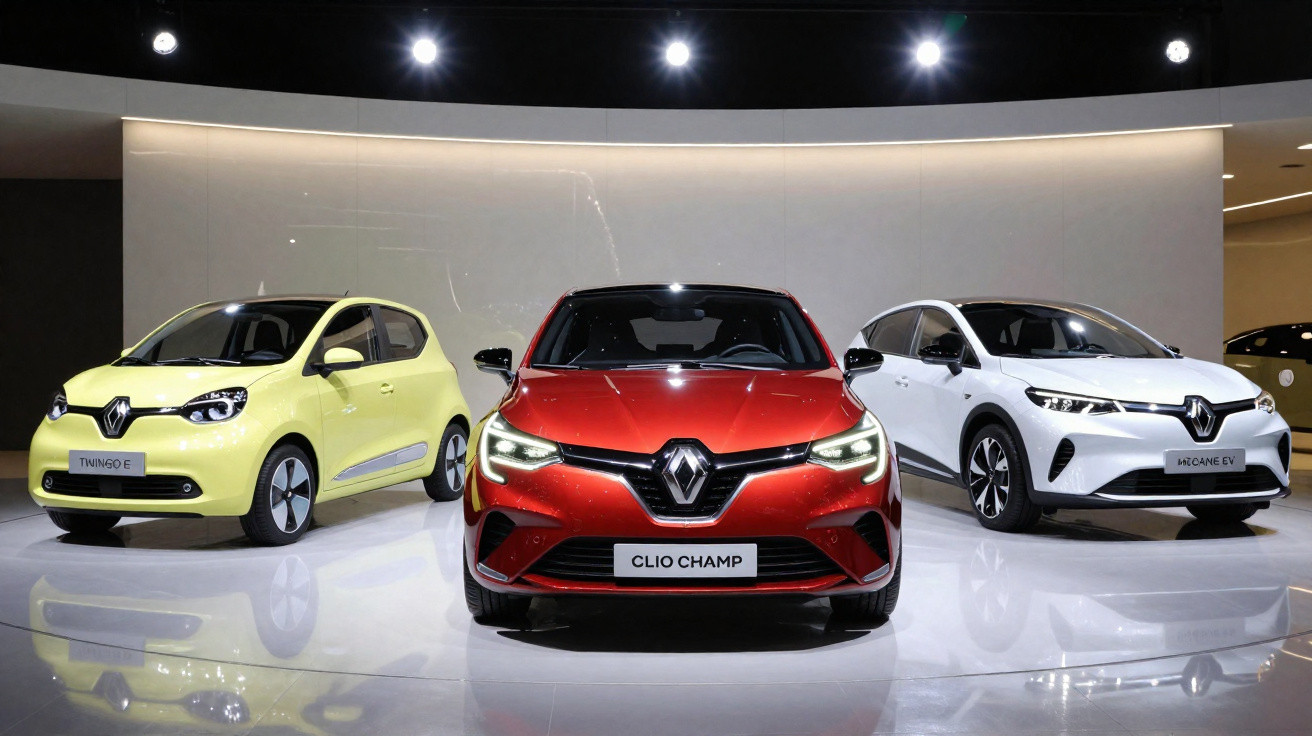 Três carros Renault, modelo Twingo E amarelo, Clio Champ vermelho e Mégane EV branco, em exposição iluminada.