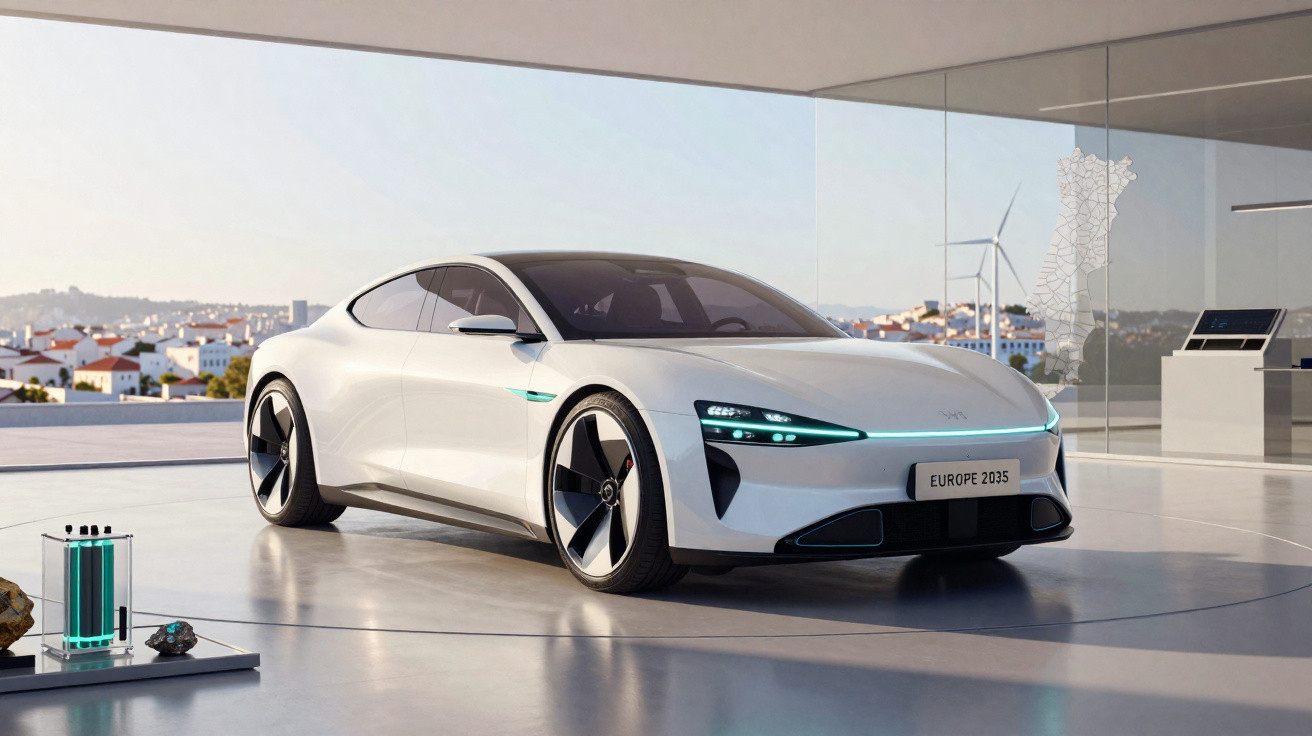 Carro elétrico futurista branco estacionado em ambiente moderno com turbinas eólicas ao fundo.