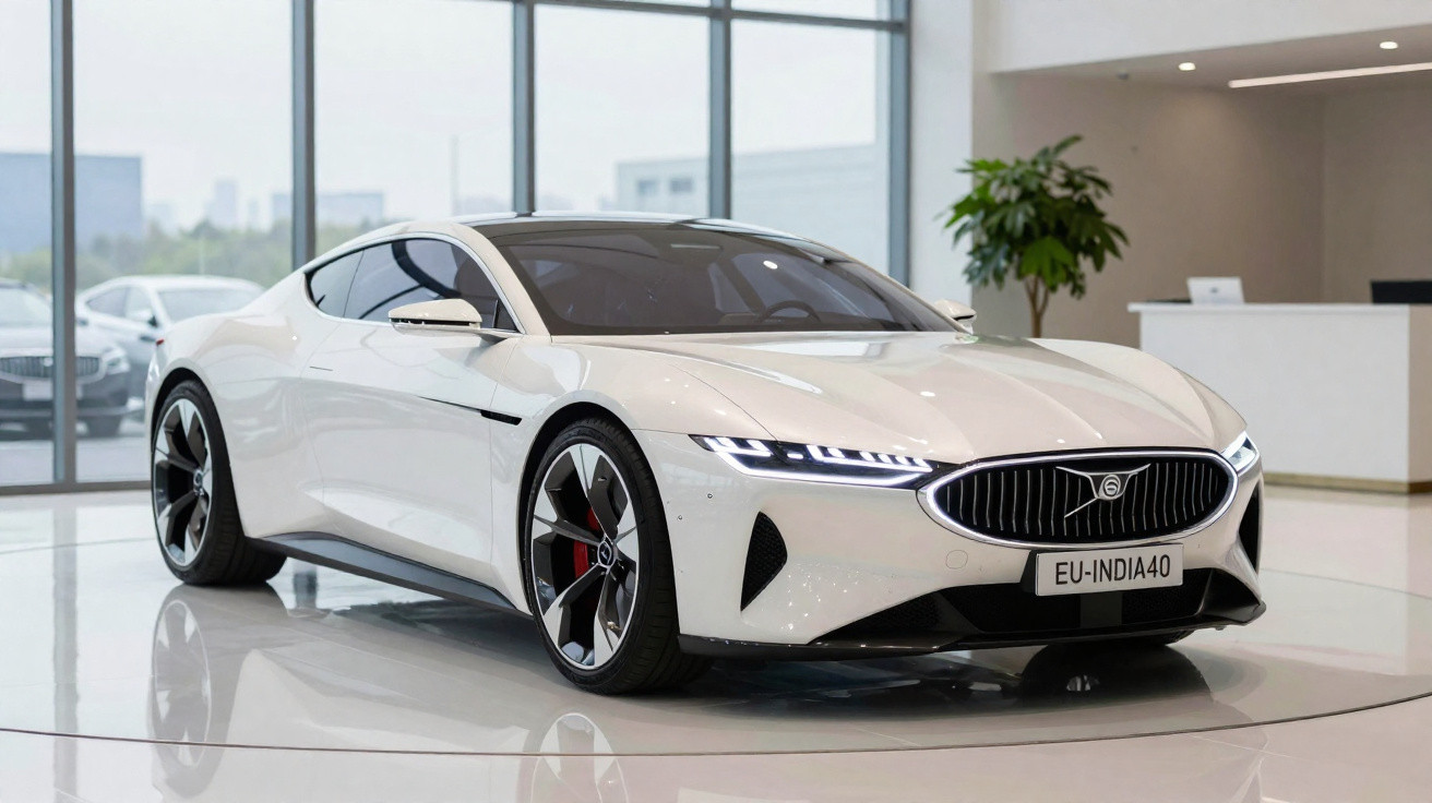 Carro desportivo branco futurista com jantes elegantes e faróis LED expostos em showroom moderno.