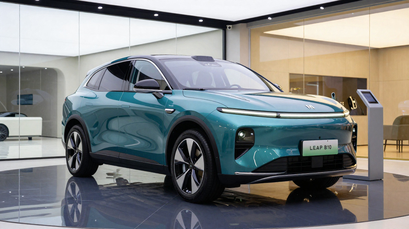 Automóvel elétrico azul LEAP B10 estacionado em salão moderno com chão reflexivo e paredes de vidro.