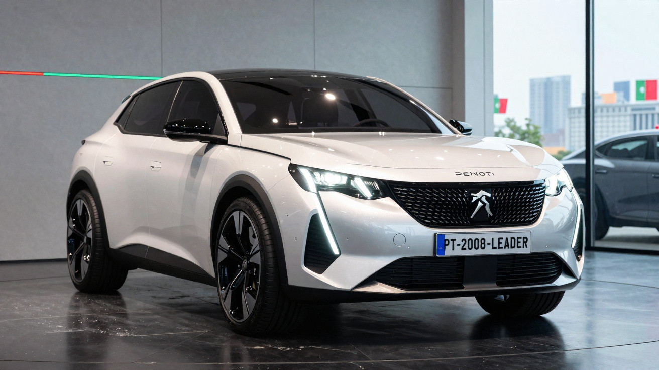 Carro Peugeot branco estacionado em ambiente interior moderno com iluminação LED e janelas grandes.