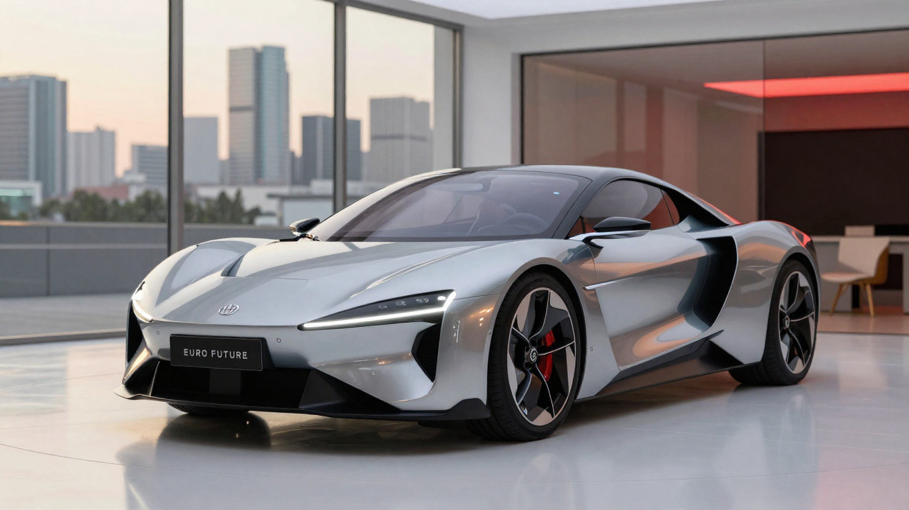 Carro desportivo eléctrico prateado num showroom moderno com janelas grandes e vista urbana ao fundo.