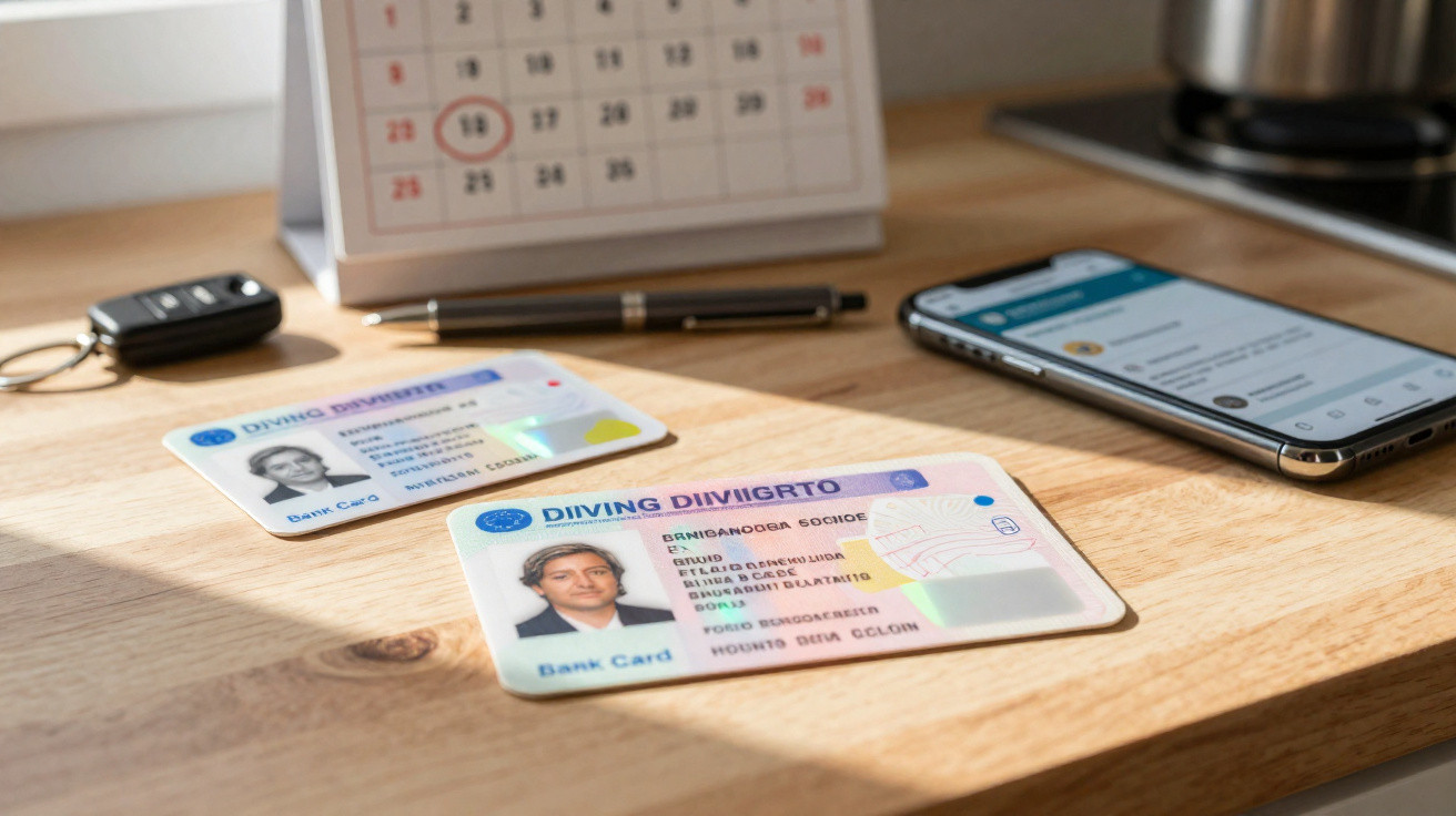 Cartão de identificação de mergulho sobre mesa de madeira com calendário, telefone, caneta e chave de carro ao fundo.