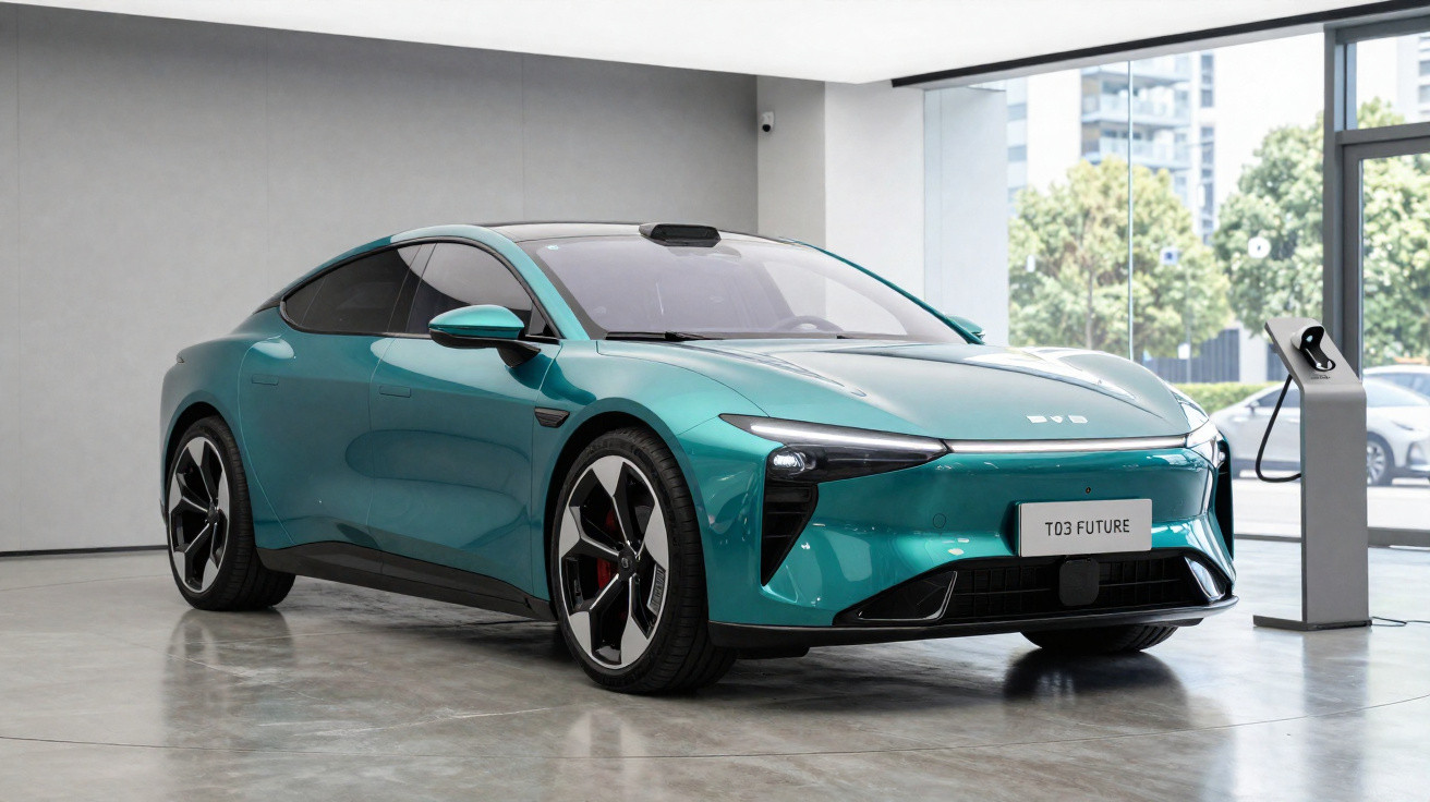 Carro elétrico azul turquesa modelo T03 Future estacionado numa sala moderna com janela e posto de carregamento.
