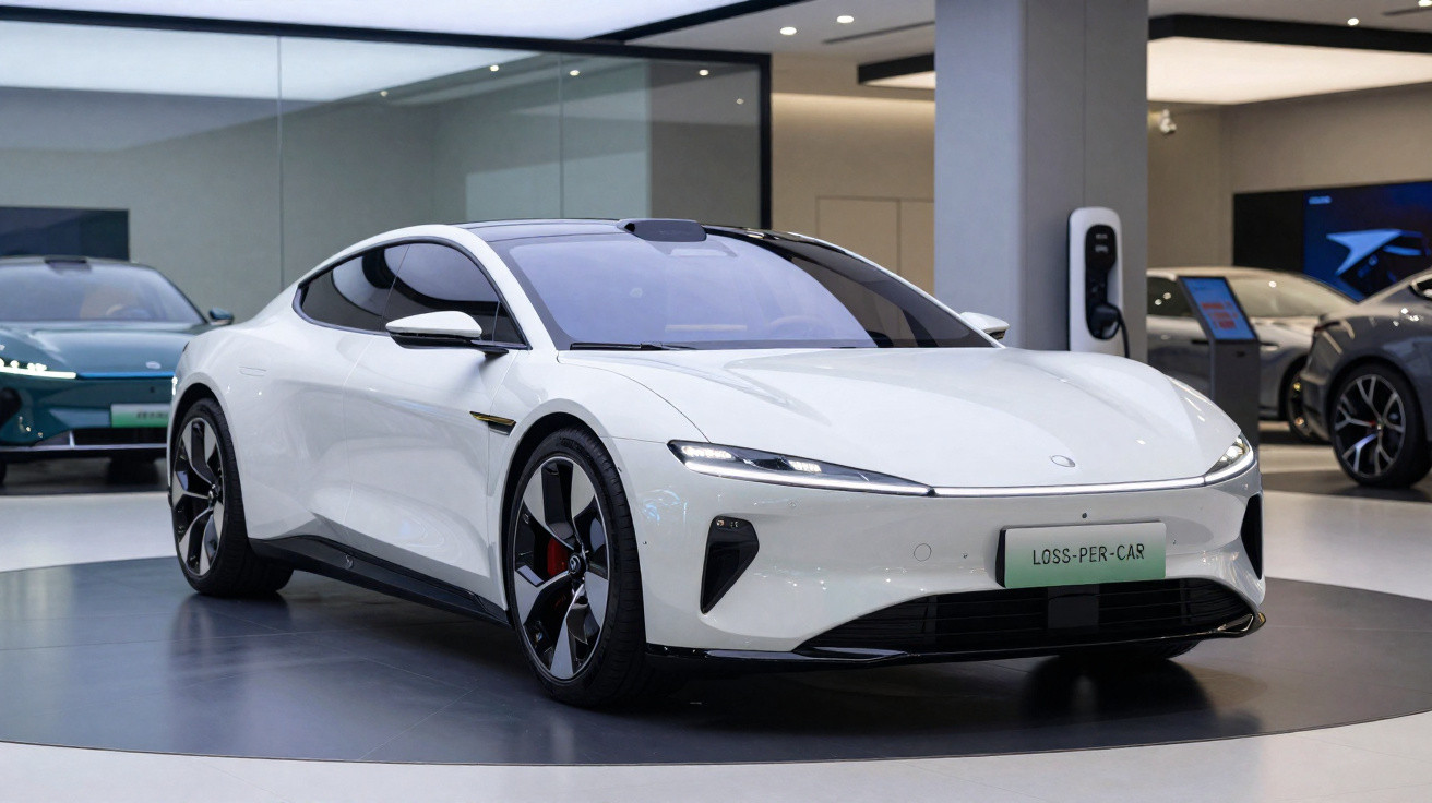 Carro desportivo elétrico branco exposto em salão de automóveis moderno com iluminação ambiente.