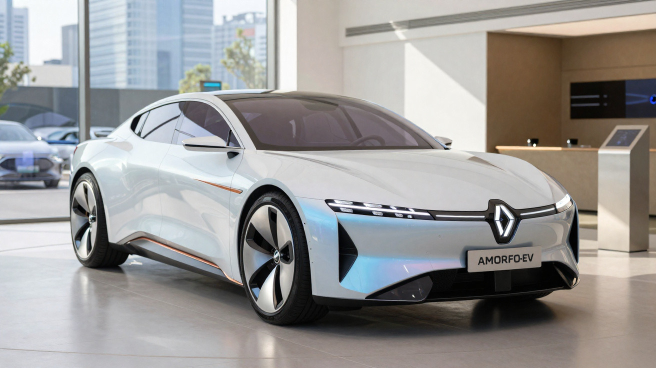 Carro elétrico Renault AMORFO-EV branco estacionado numa sala com janelas grandes e vista urbana.
