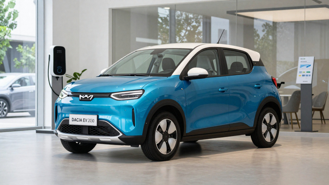 Carro elétrico azul Dacia EV 2030 em exposição numa sala moderna com parede de vidro e posto de carregamento.
