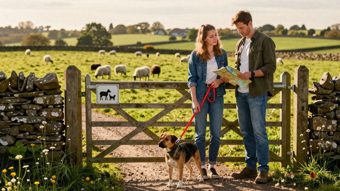 Casal com cão parado junto a portão de madeira em ambiente rural com ovelhas no campo ao fundo.