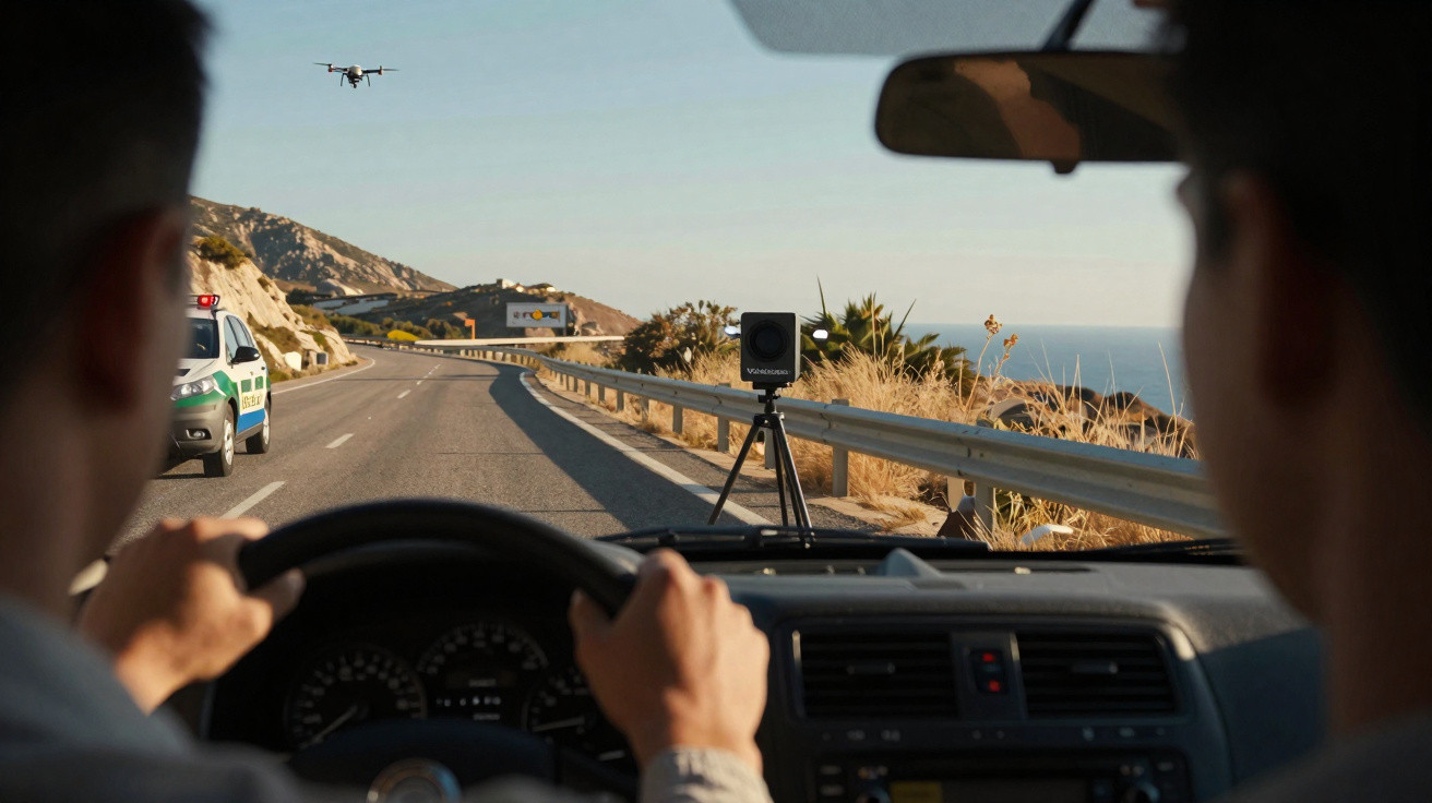 Interior de carro com condutor e passageiro enquanto um drone sobrevoa uma estrada costeira com polícia a parar veículos.