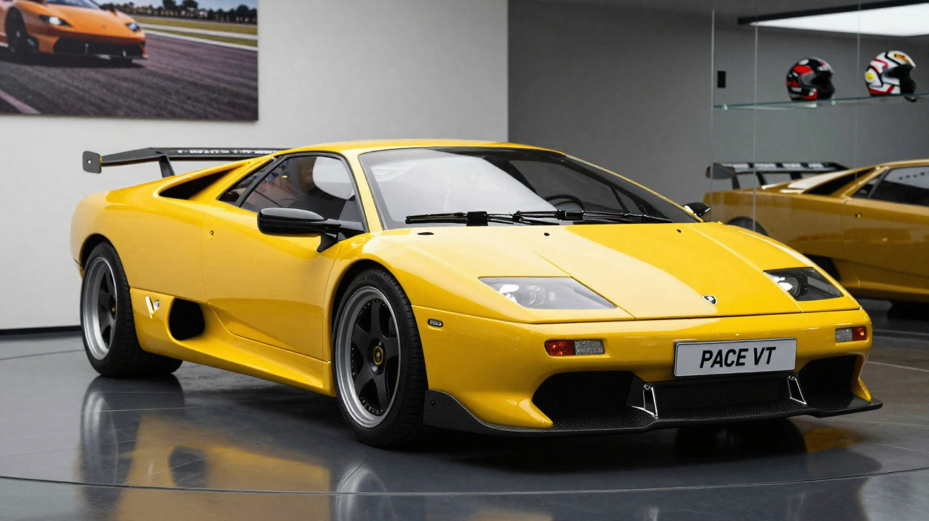 Carro desportivo amarelo Lamborghini Diablo VT com asa traseira exposto em sala moderna com espelhos e capacetes.