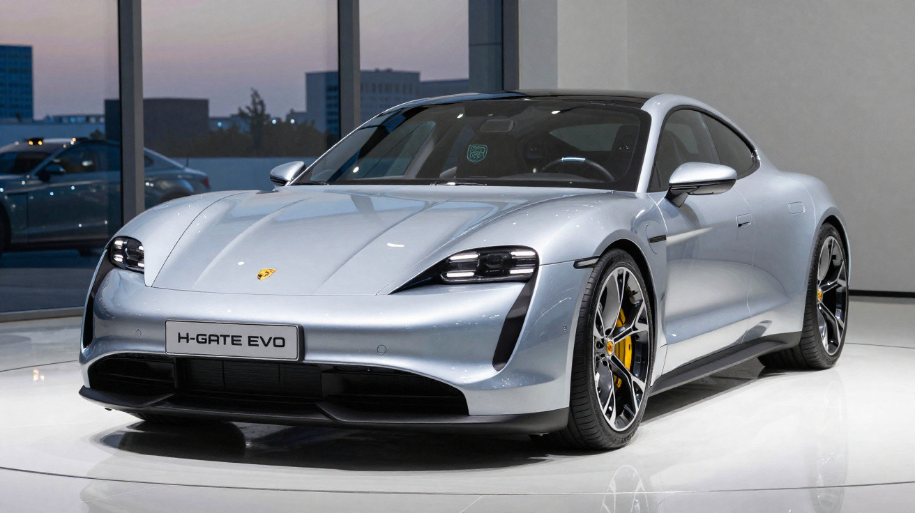 Carro desportivo elétrico prateado Porsche H-Gate Evo estacionado em showroom moderno e iluminado.