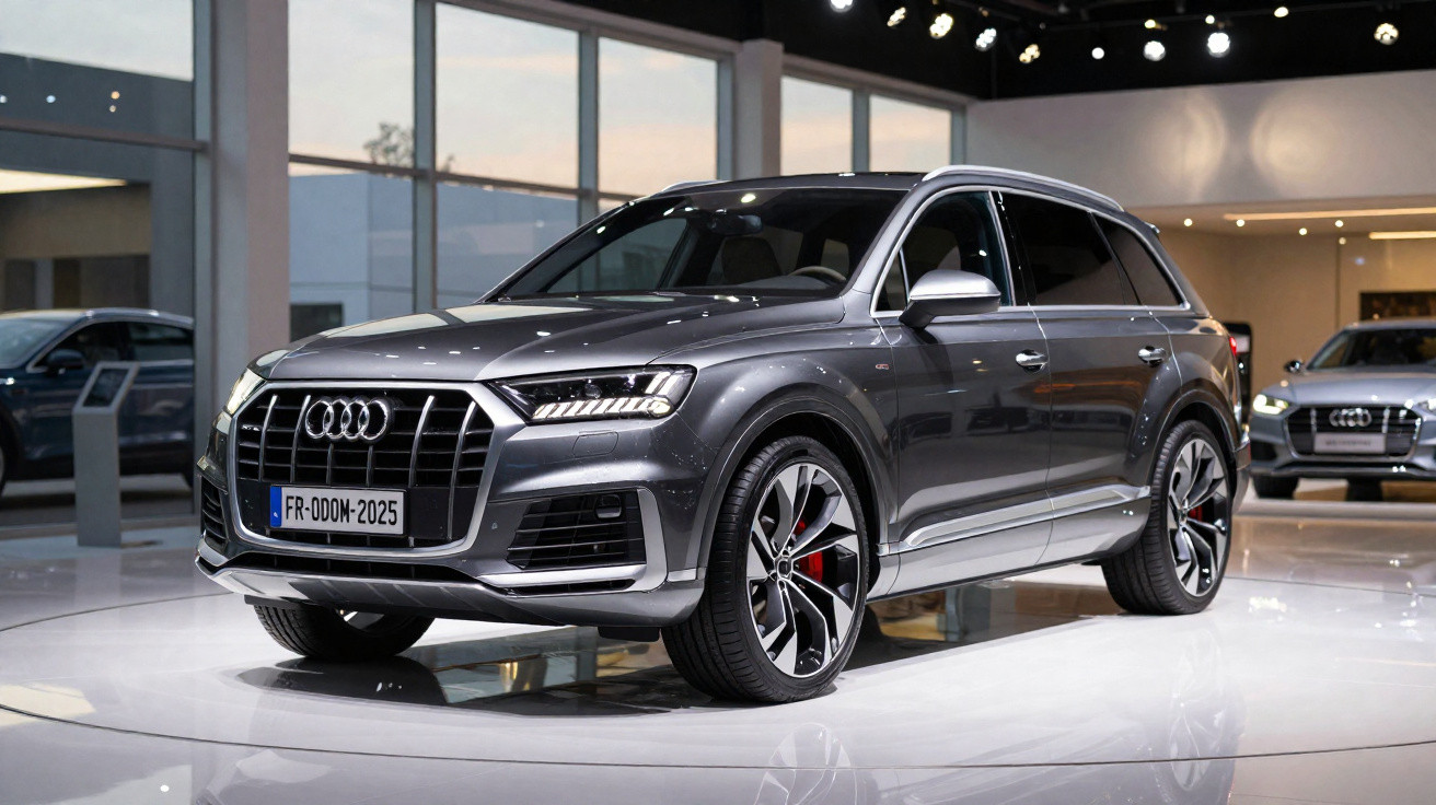 SUV Audi cinzento estacionado em exposição num salão automóvel moderno e iluminado.