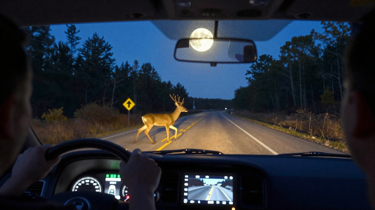 Interior de um carro à noite com um condutor e passageiro, veado a atravessar estrada iluminada pelo farol e lua cheia.