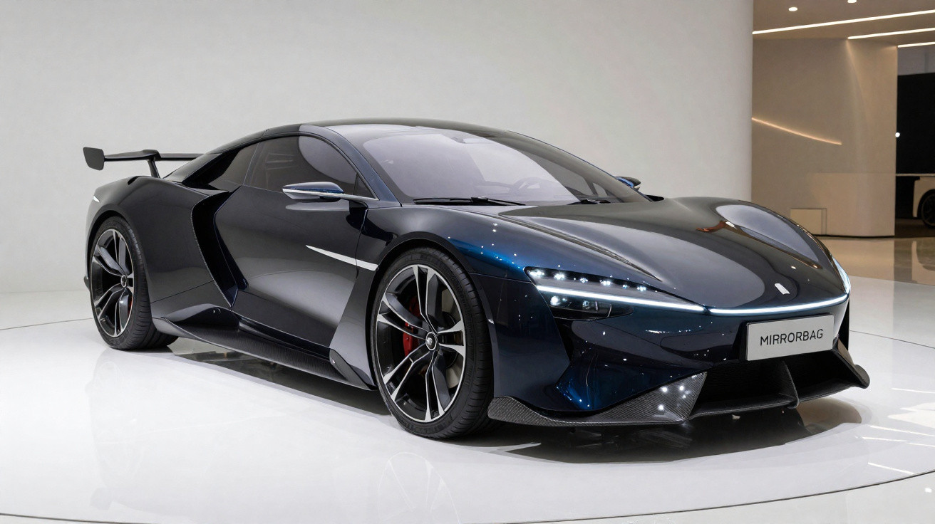 Carro desportivo preto com design aerodinâmico, faróis LED e spoiler traseiro exposto em exposição.