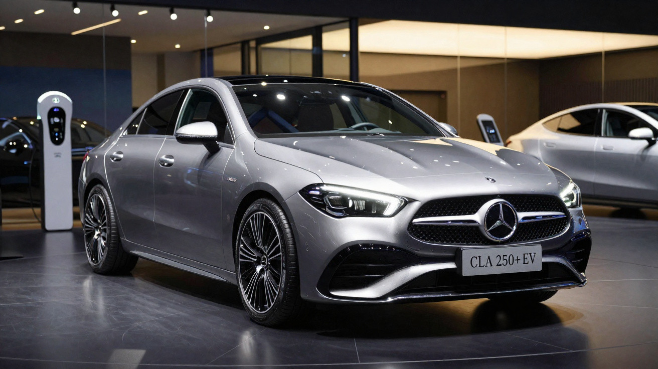 Carro elétrico Mercedes-Benz CLA 250+ EV cinza numa exposição com posto de carregamento ao fundo.