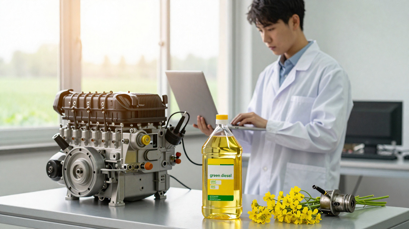 Engenheiro analisa motor e biocombustível de diesel verde em laboratório moderno.