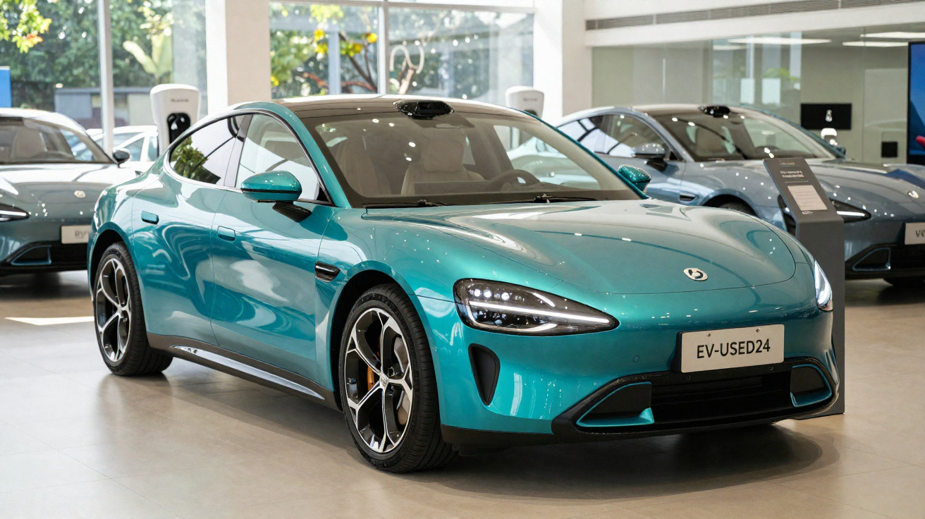 Carro elétrico azul metálico em destaque numa loja com outros veículos ao fundo.