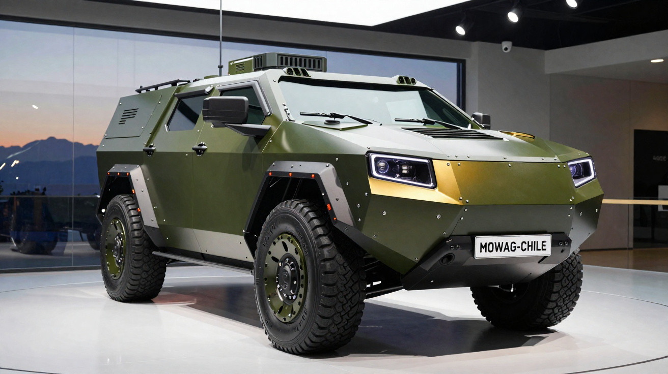Veículo blindado militar verde exibido em espaço interior com iluminação moderna.