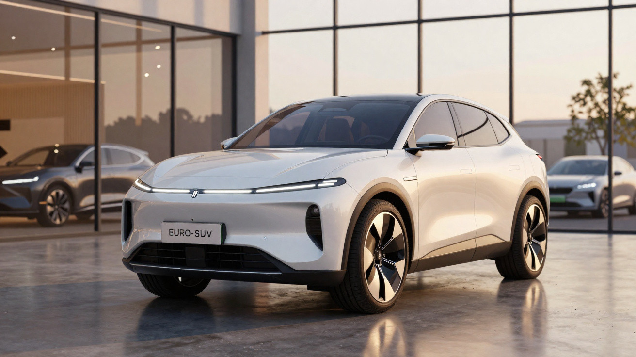 Veículo SUV elétrico branco estacionado em piso polido com edifício de vidro ao fundo.