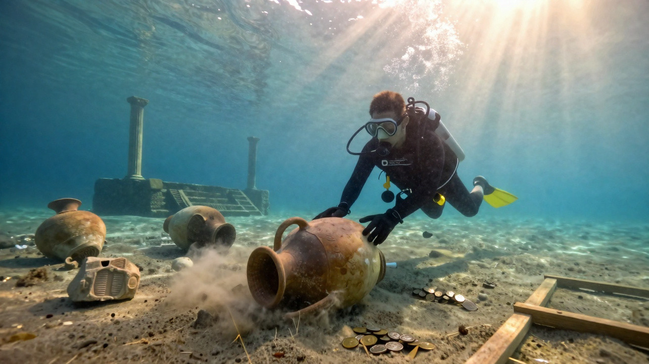Mergulhador explora ânforas submersas e moedas no fundo do mar iluminado por raios solares.
