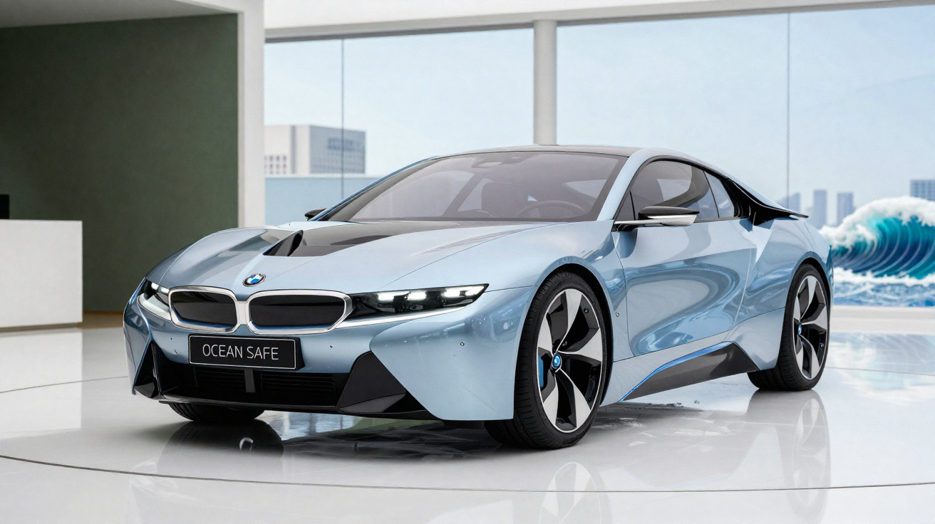Carro desportivo elétrico BMW azul brilhante exposto em ambiente moderno com vista para o mar.