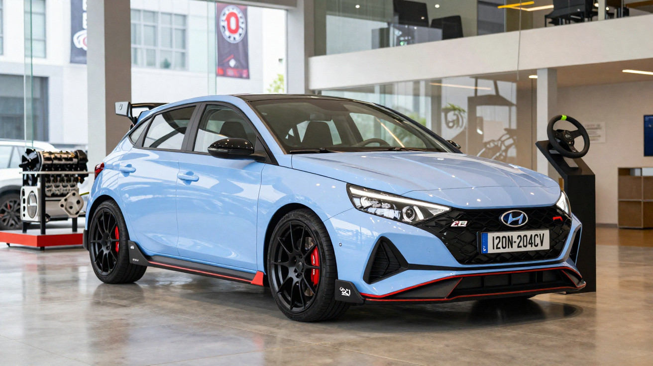 Carro desportivo Hyundai i20 N azul claro estacionado num espaço interior moderno.