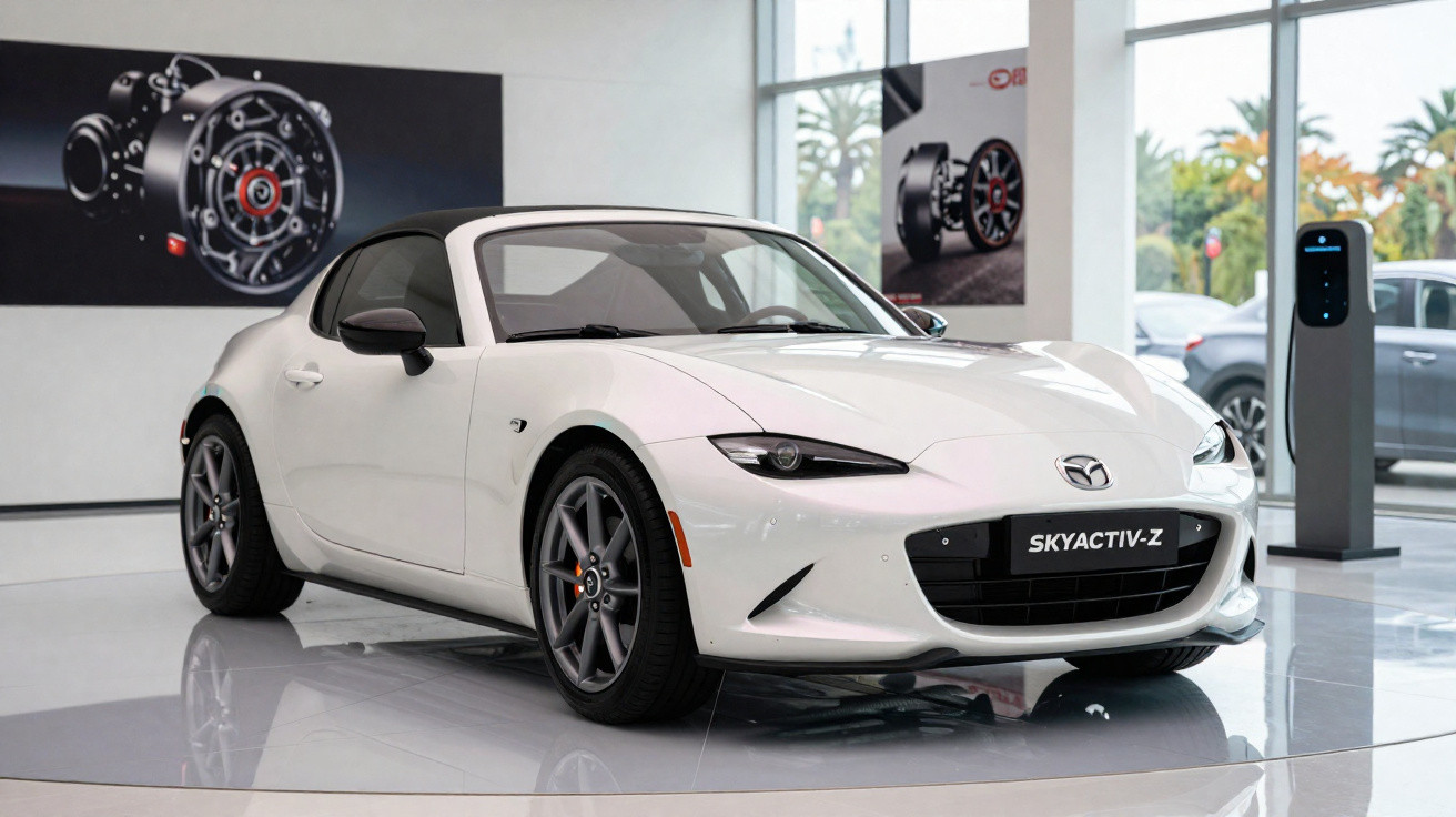 Carro desportivo branco Mazda Skyactiv-Z exposto num salão moderno com paredes brancas e chão brilhante.